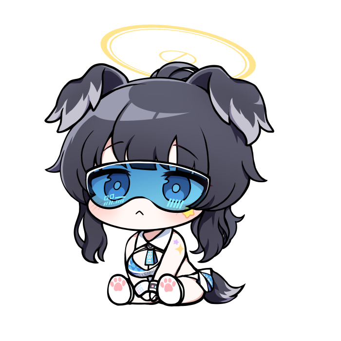1girl :&lt; animal_ears bare_shoulders black_hair blue_archive blue_eyes blush breasts cheerleader chibi closed_mouth commentary_request crop_top dog_ears dog_girl dog_tail goggles halo hibiki_(blue_archive) hibiki_(cheer_squad)_(blue_archive) korean_commentary long_hair looking_at_viewer millennium_cheerleader_outfit_(blue_archive) official_alternate_costume partial_commentary paw_print simple_background skirt solo star_sticker sticker_on_arm sticker_on_face sunglasses tail white_background yukki_bunny