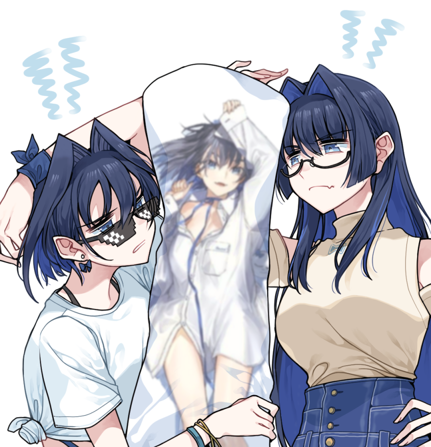 2girls black-framed_eyewear blue_eyes blue_hair bracelet clipe dakimakura_(object) dress_shirt dual_persona earrings english_commentary fang glasses hair_intakes hand_on_own_hip hololive hololive_english jewelry long_hair multiple_girls open_mouth ouro_kronii pillow scowl semi-rimless_eyewear shirt short_hair skin_fang smile sunglasses t-shirt upper_body virtual_youtuber