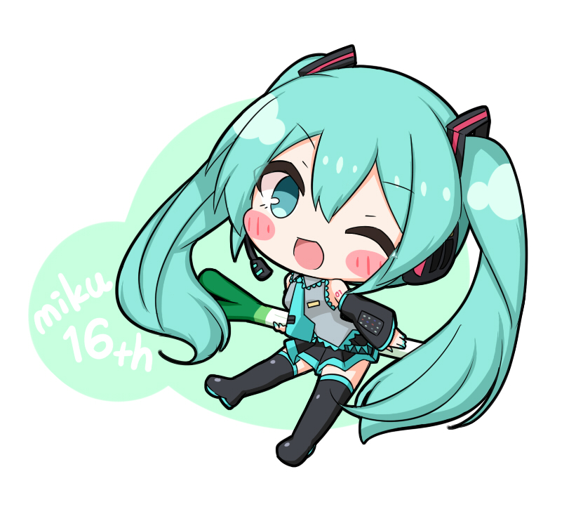 1girl ;d aqua_hair aqua_nails black_footwear black_skirt black_sleeves blue_eyes blush_stickers boots breasts collared_shirt commentary_request detached_sleeves full_body green_background grey_shirt hair_between_eyes hatsune_miku headphones holding komakoma_(magicaltale) long_hair long_sleeves nail_polish one_eye_closed pleated_skirt shirt skirt sleeveless sleeveless_shirt sleeves_past_wrists small_breasts smile solo spring_onion thigh_boots twintails two-tone_background very_long_hair vocaloid white_background wide_sleeves