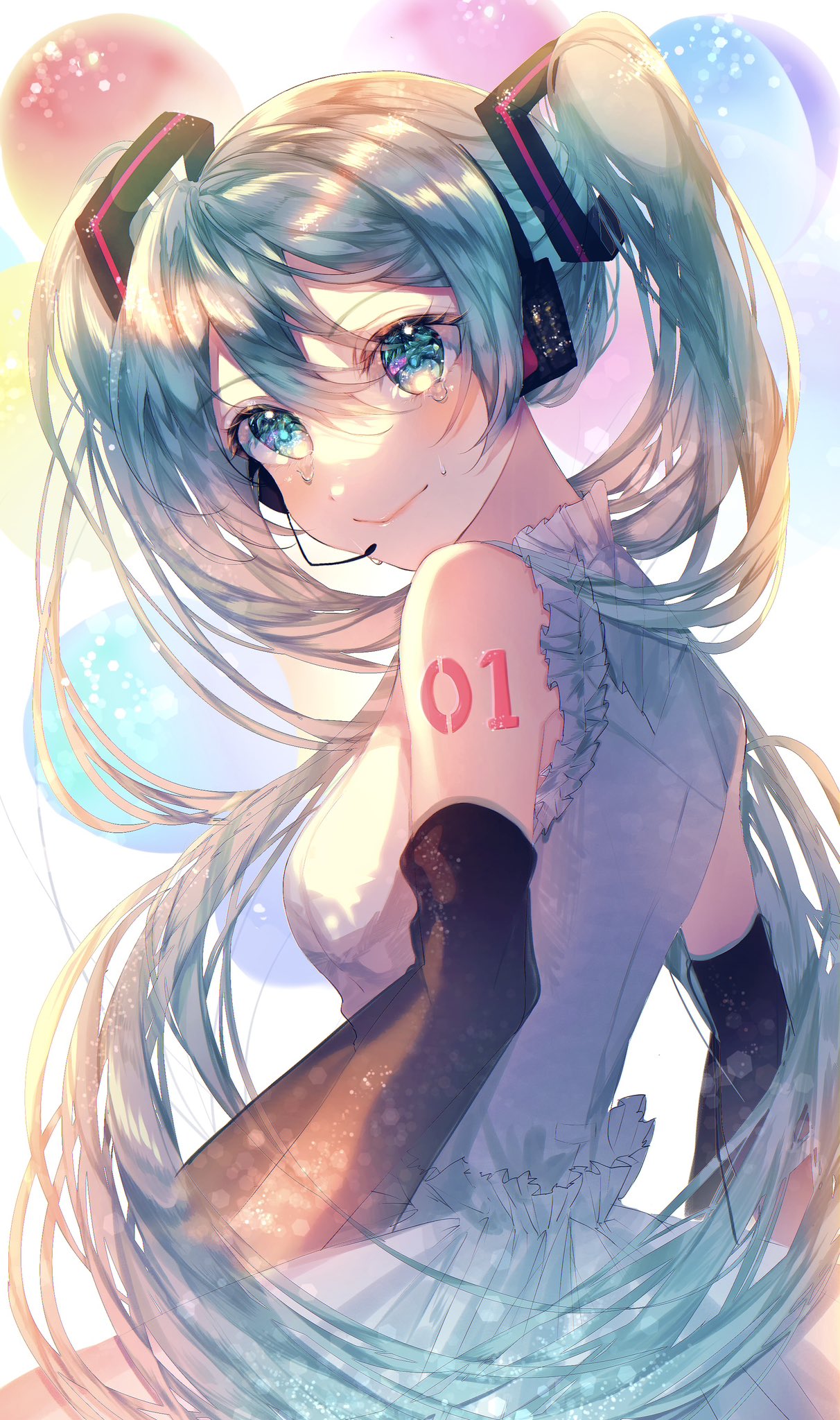 1girl aqua_hair balloon bare_shoulders black_sleeves blue_eyes breasts closed_mouth detached_sleeves grey_shirt hair_between_eyes hair_ornament happy_tears hatsune_miku headset highres lips long_hair looking_at_viewer looking_back looking_to_the_side medium_breasts number_tattoo pinapo_25 shirt shoulder_tattoo sleeveless sleeveless_shirt smile solo tattoo tears twintails upper_body very_long_hair vocaloid