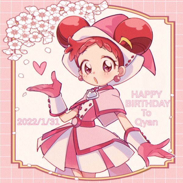 1girl :o blush brooch capelet cherry_blossoms commentary dated double_bun dress earrings english_commentary gloves hair_bun hand_up happy_birthday harukaze_doremi hat heart heart_brooch jewelry looking_at_viewer magical_girl ojamajo_doremi open_mouth petals pink_capelet pink_dress pink_eyes pink_gloves pink_headwear redhead short_hair solo suzuki_(2red_moon3) witch_hat