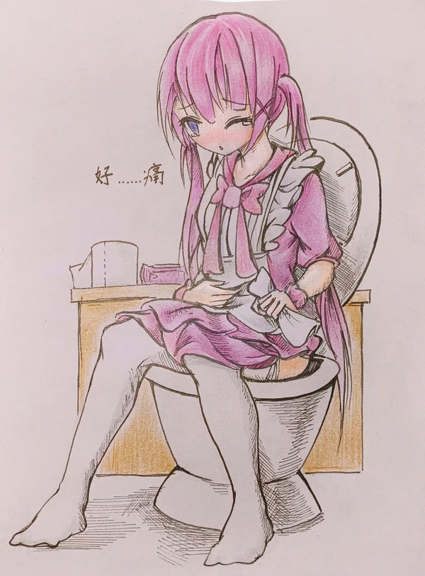 1girl diarrhea hand_on_stomach maid_dress maid_uniform pink_hair pooping stomach_ache stomachache toilet toilet_use