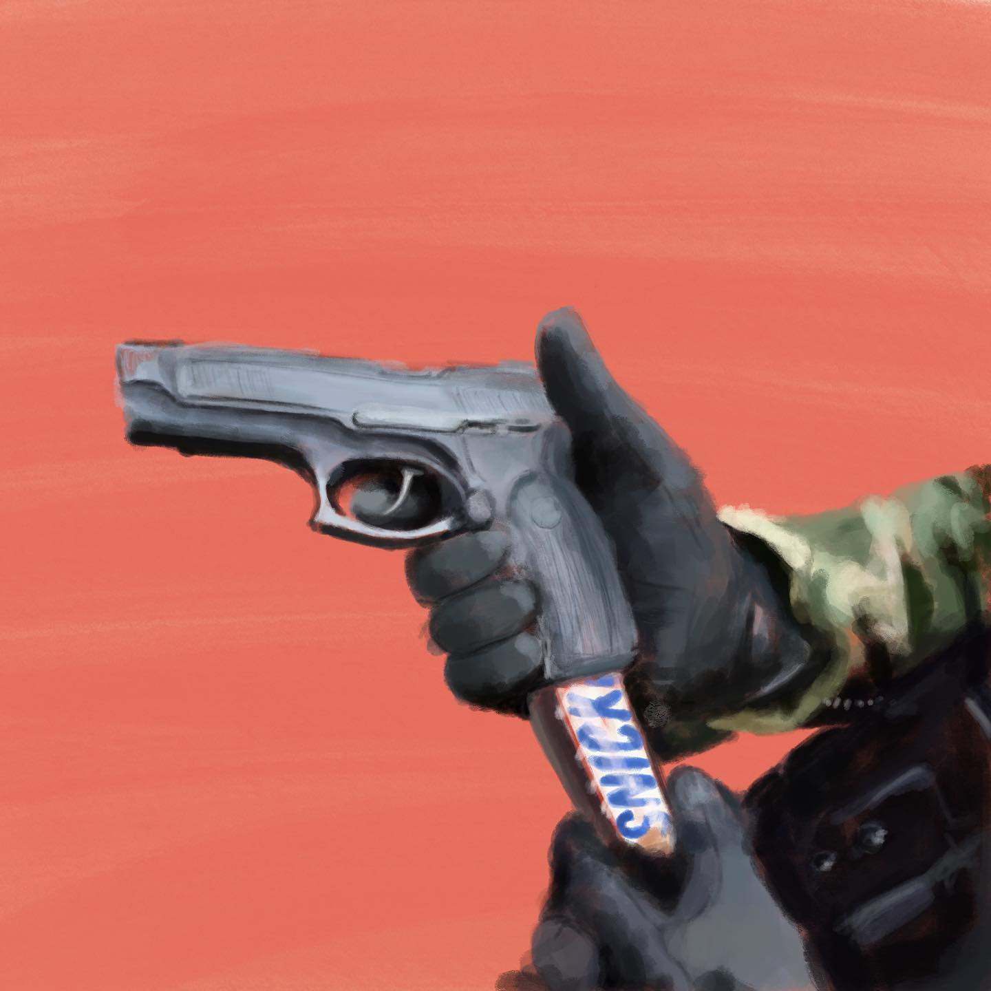 1other ambiguous_gender black_gloves camouflage camouflage_jacket candy commentary faux_traditional_media food gloves green_jacket gun handgun highres holding holding_candy holding_food holding_gun holding_weapon jacket orange_background original painterly reloading snickers_(brand) solo symbol-only_commentary trigger_discipline wavypeso weapon weapon_focus
