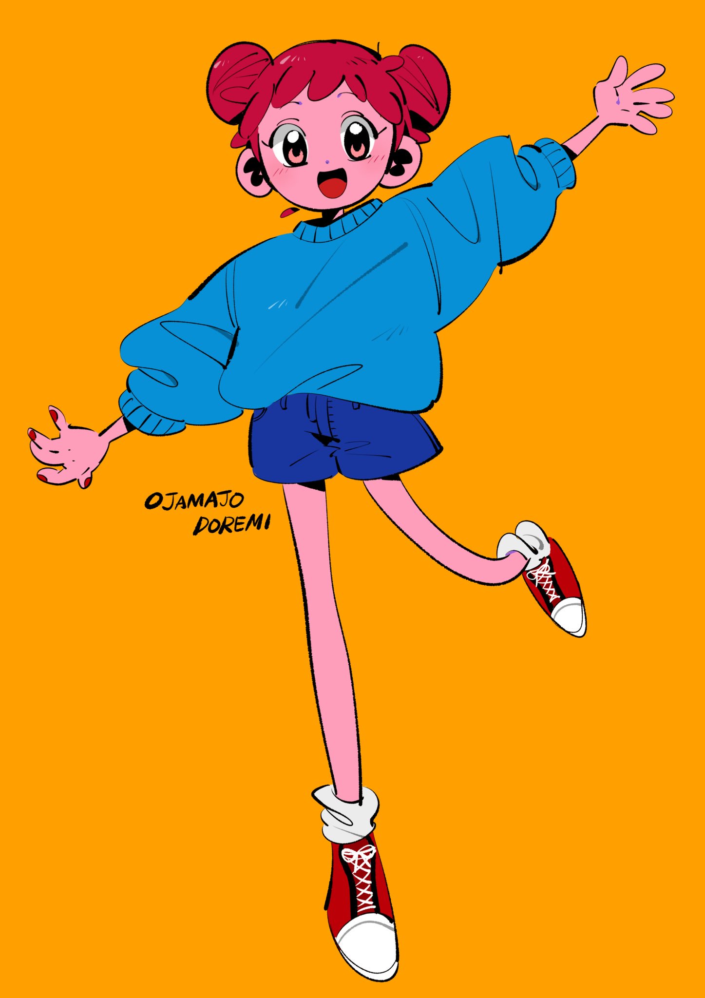 1girl :d alternate_costume arm_up blue_shorts blue_sweater copyright_name double_bun full_body hair_bun harukaze_doremi highres long_sleeves looking_at_viewer nail_polish ojamajo_doremi open_mouth outstretched_arms puffy_long_sleeves puffy_sleeves red_nails redhead shoes short_hair shorts simple_background smile sneakers solo standing standing_on_one_leg sweater tbmt_anna yellow_background