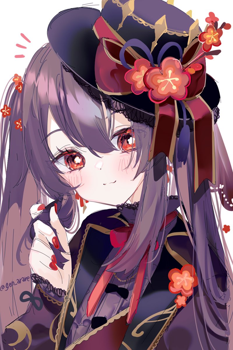1girl alternate_costume black_headwear blush bow bright_pupils brown_hair commentary flower flower-shaped_pupils gen_arare genshin_impact hat hat_bow highres holding holding_hair hu_tao_(genshin_impact) plum_blossoms red_eyes red_flower red_nails sidelocks smile solo symbol-shaped_pupils twintails white_pupils