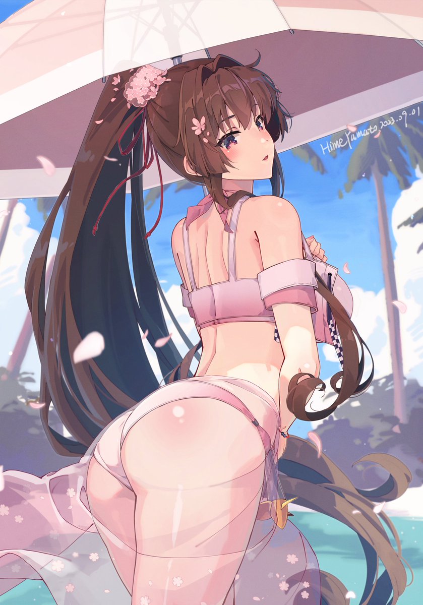 1girl artist_name ass bare_arms bare_legs bare_shoulders bikini blush breasts brown_eyes brown_hair cowboy_shot dated flower from_behind hair_flower hair_ornament highres himeyamato kantai_collection large_breasts long_hair open_mouth pink_bikini pink_flower ponytail signature solo swimsuit very_long_hair yamato_(kancolle) yamato_kai_ni_(kancolle)
