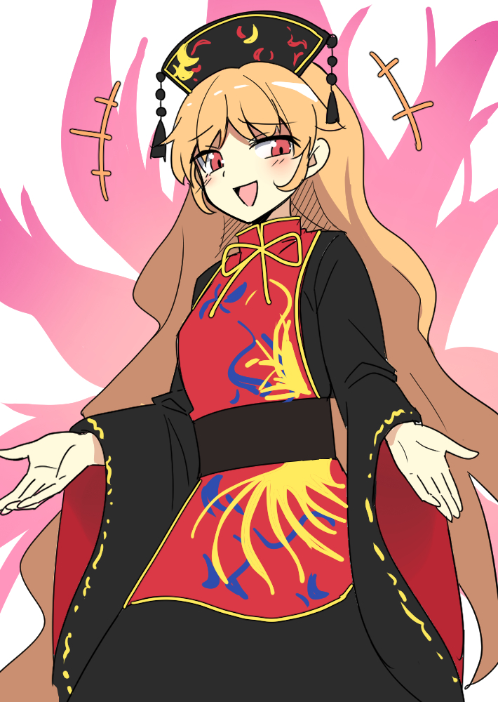 +++ 1girl black_dress black_headwear blush chinese_clothes dress e.o. junko_(touhou) long_hair long_sleeves open_mouth orange_hair phoenix_crown red_eyes simple_background smile solo tabard touhou white_background wide_sleeves