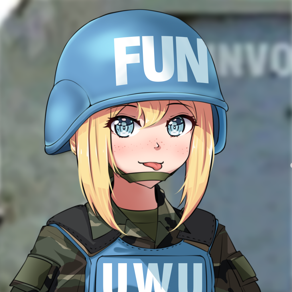1girl blonde_hair blue_eyes blue_headwear blue_vest blurry blurry_background brand_name_imitation bulletproof_vest camouflage camouflage_shirt closed_mouth combat_helmet commentary english_commentary green_shirt helmet jizi looking_at_viewer original shirt soldier solo tongue tongue_out united_nations upper_body vest