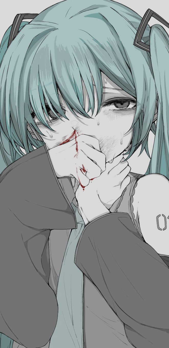 1girl abuse bags_under_eyes bare_shoulders blood blood_on_face blood_on_hands blue_hair blue_necktie bruise collared_shirt detached_sleeves empty_eyes frilled_shirt frills grey_background hair_intakes hair_ornament hair_over_one_eye half-closed_eyes hand_on_own_neck hands_up hatsune_miku highres injury long_sleeves looking_at_viewer mushoku_loli muted_color necktie nosebleed number_tattoo partially_colored sad shirt simple_background sleeves_past_wrists solo sweatdrop tattoo twintails vocaloid wide_sleeves wiping_blood wiping_nosebleed