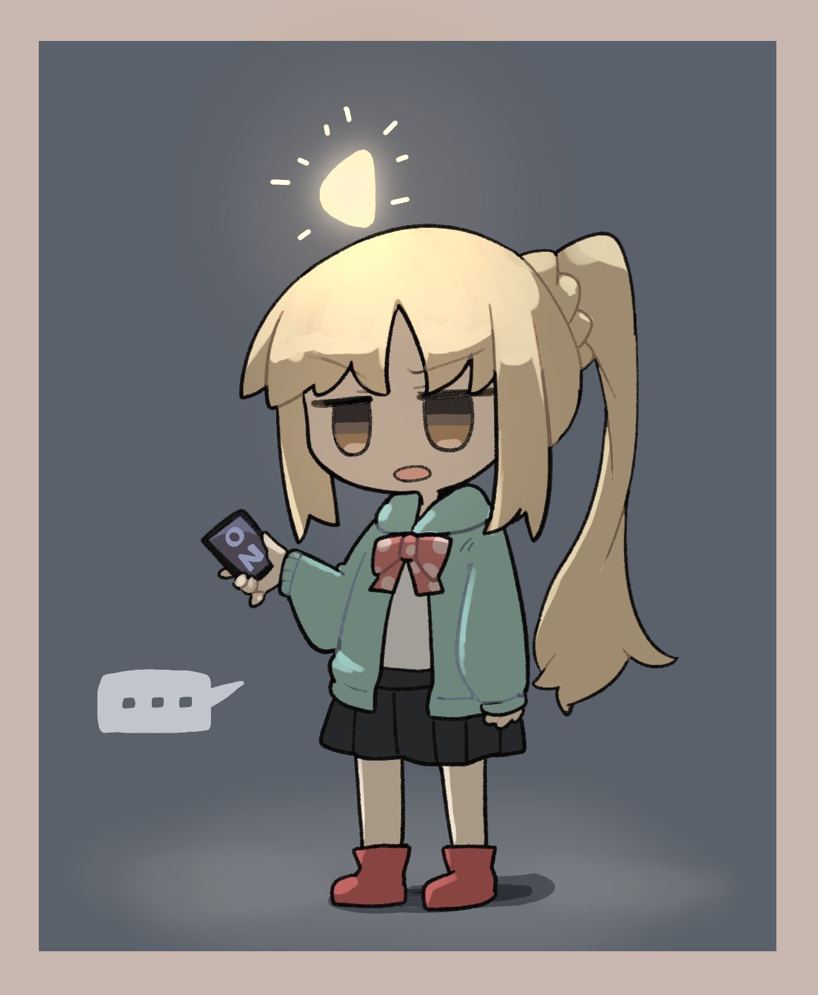 ... 1girl ahoge black_skirt blonde_hair bocchi_the_rock! border bow chibi commentary controller green_hoodie grey_background highres holding hood hoodie ijichi_nijika jitome light long_hair open_mouth pleated_skirt polka_dot polka_dot_bow ponytail red_bow red_footwear remote_control ry_(pitamin5) sidelocks skirt solo spoken_ellipsis standing yellow_eyes
