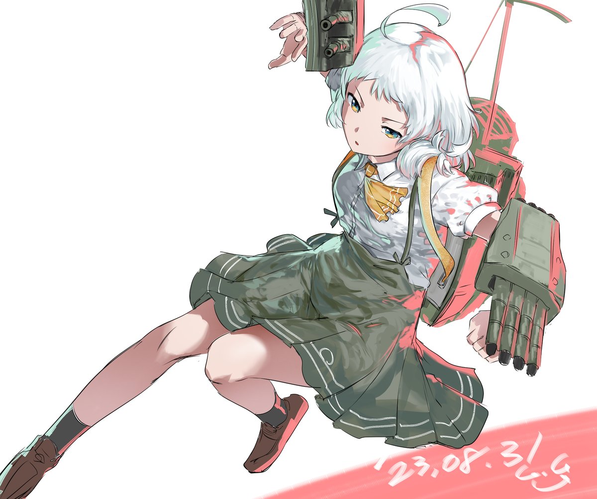1girl adapted_turret ahoge arm_warmers artist_logo blue_eyes cannon collared_shirt dated dress_shirt gegeron grey_skirt kantai_collection machinery natsugumo_(kancolle) one-hour_drawing_challenge pleated_skirt shirt short_hair simple_background skirt solo suspender_skirt suspenders torpedo_launcher turret white_background white_hair white_shirt