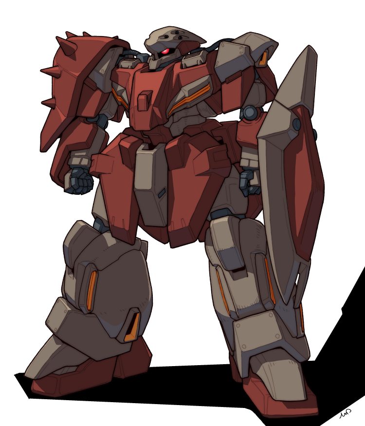 commentary_request glowing glowing_eye gun gundam gundam_hathaway's_flash machine_gun mecha mecha_focus messer_(mobile_suit) mobile_suit muzzle no_humans one-eyed red_eyes robot science_fiction shadow shield shoulder_spikes solo spikes tessaku_ro weapon white_background
