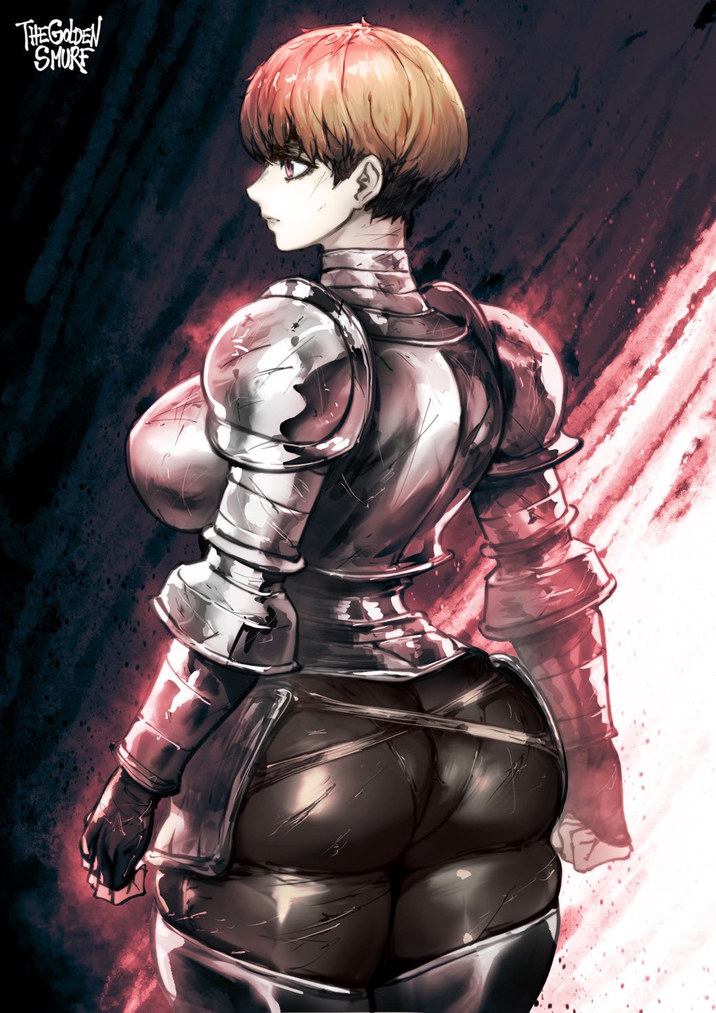 1girl armor artist_name ass breasts brown_eyes brown_hair d'arce_(fear_&amp;_hunger) fear_&amp;_hunger fingerless_gloves gloves highres knight large_breasts short_hair solo the_golden_smurf thick_thighs thighs