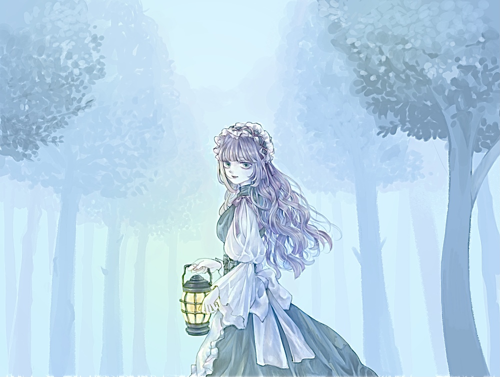 1girl apron back_bow blonde_hair blue_dress blue_eyes bow dress fog forest hairband holding holding_lantern konnyakutarooou lantern lolita_hairband long_hair looking_at_viewer maid_apron nature open_mouth original outdoors pink_bow smile solo standing tree waist_apron wavy_hair white_apron white_bow