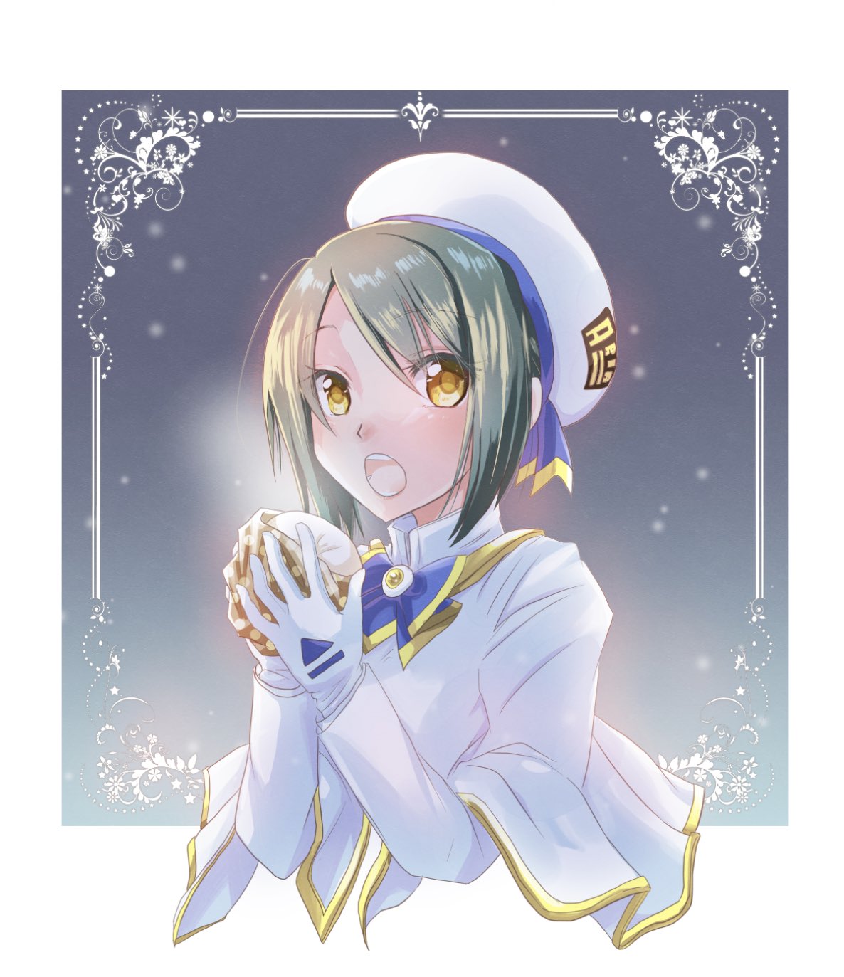 1girl ai_(aria) aria aria_company_uniform beret blue_bow blue_bowtie border bow bowtie breath brown_eyes capelet cropped_torso eyelashes gloves gold_trim green_hair hands_up hat highres holding long_sleeves looking_at_viewer nabana_yuna open_mouth parted_bangs short_hair snowing solo white_border white_capelet white_gloves white_headwear