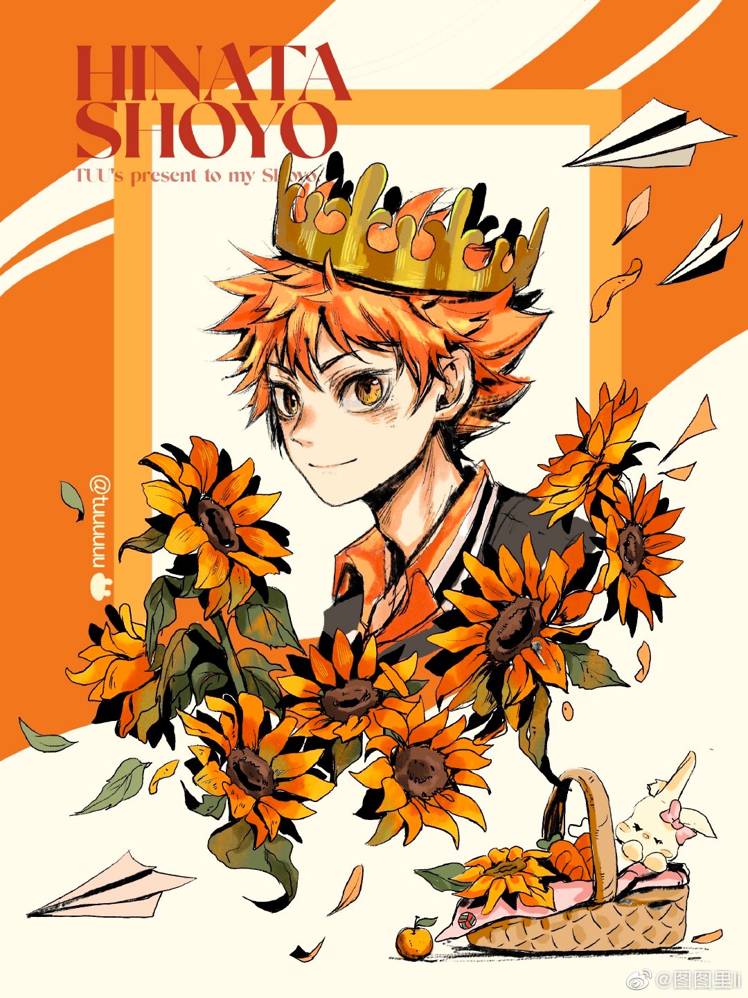 1boy animal_ears apple basket blue_shirt blush_stickers bow carrot character_name chinese_commentary closed_eyes closed_mouth collar collared_shirt commentary_request crown english_text eyelashes floppy_ears flower food fruit gold_headwear haikyuu!! hair_bow highres hinata_shouyou leaf looking_at_viewer male_focus no_mouth orange_background orange_collar orange_hair paper_airplane petals pink_bow rabbit rabbit_ears shirt short_hair smile solo spiky_hair sunflower tuuuuuututu twitter_username two-tone_background upper_body weibo_logo weibo_username white_background yellow_eyes yellow_flower