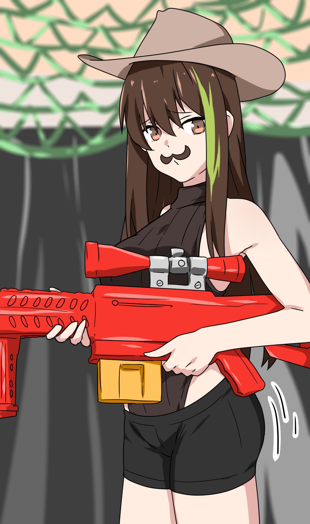1girl ass_shake breasts brown_hair cowboy_hat english_commentary fake_facial_hair fake_mustache girls_frontline hat highres long_hair m4a1_(girls'_frontline) multicolored_hair nerf_gun scope short_shorts shorts sideboob solo streaked_hair vanna