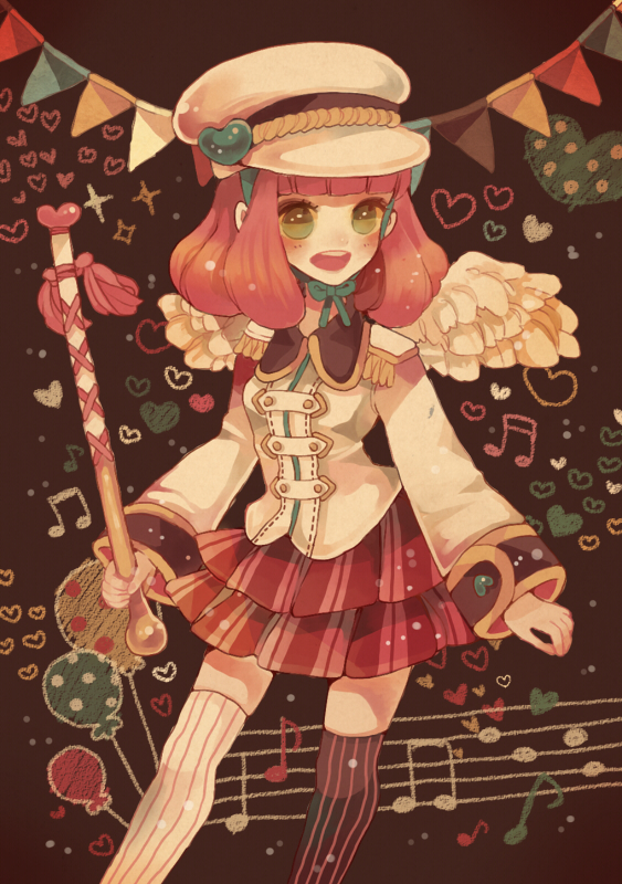 1girl balloon band_uniform baton blunt_bangs blush brown_background chin_strap collared_jacket epaulettes feathered_wings green_eyes hat heart holding jacket long_sleeves looking_at_viewer marching_band marching_band_baton musical_note open_mouth original pink_hair short_hair skirt smile solo string_of_flags striped striped_thighhighs thigh-highs uniform vertical-striped_thighhighs vertical_stripes wings yunoto_(conceit)