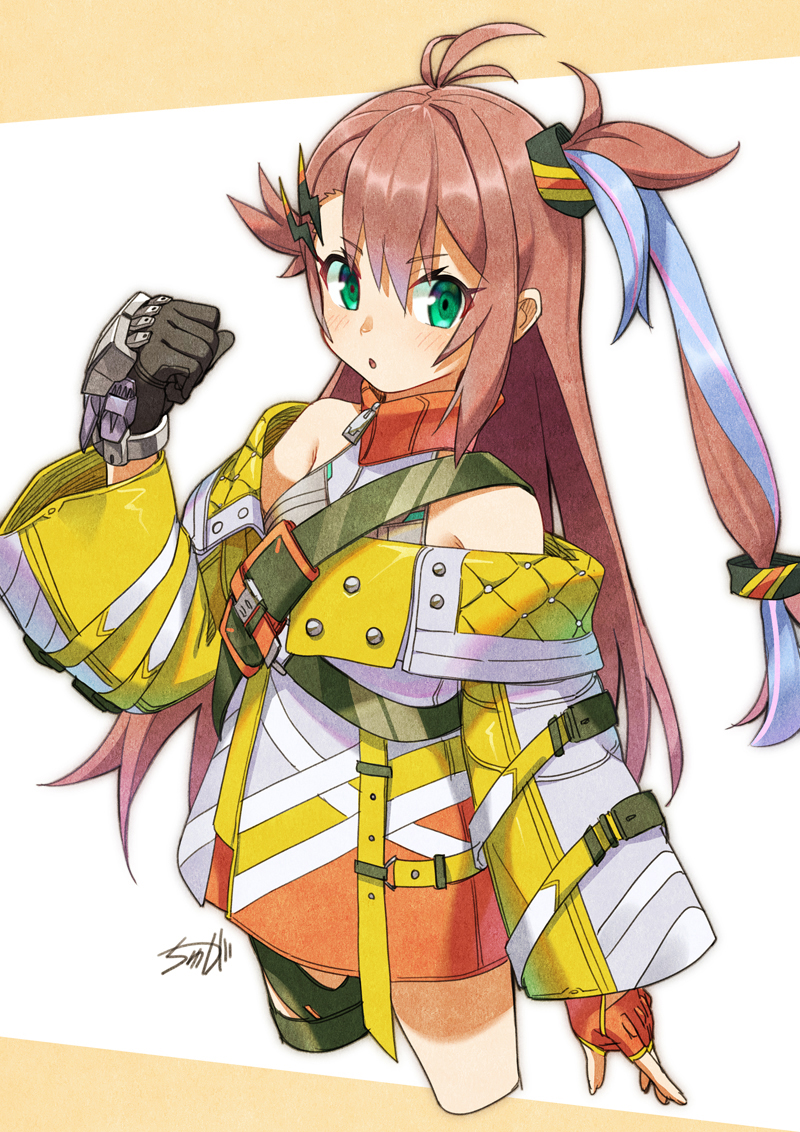 1girl armed_fantasia brown_hair coat cowboy_shot creature fingerless_gloves gloves green_eyes long_hair looking_at_viewer multicolored_hair open_mouth orange_gloves purple_hair side_ponytail simple_background soleil_ainsley solo two-tone_hair tyuga white_coat