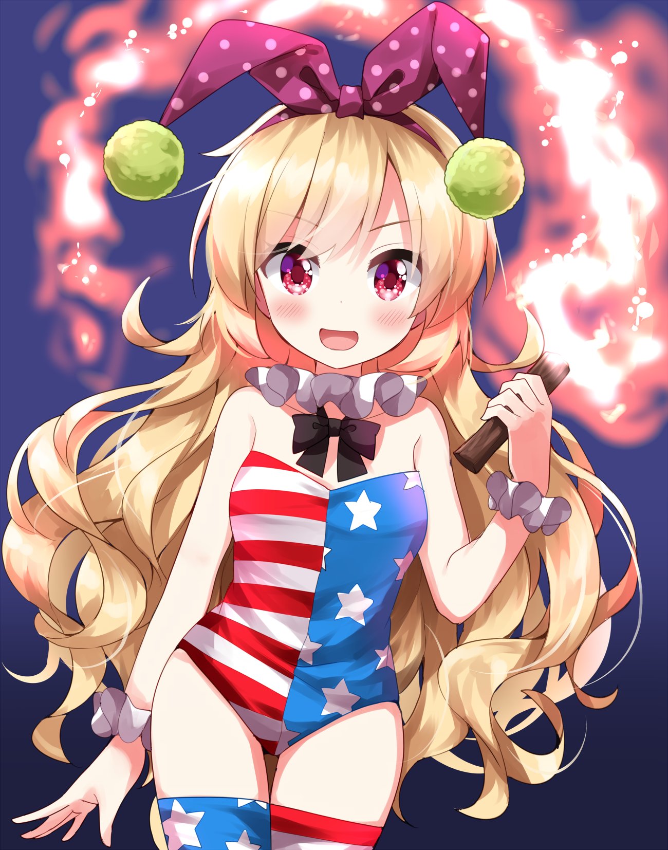 1girl american_flag_legwear animal_ears blonde_hair blush clownpiece collarbone cowboy_shot fake_animal_ears highres holding holding_torch leotard long_hair looking_at_viewer open_mouth pom_pom_(clothes) rabbit_ears red_eyes ruu_(tksymkw) smile solo star_(symbol) star_print strapless strapless_leotard striped striped_leotard striped_thighhighs thigh-highs torch touhou wrist_cuffs