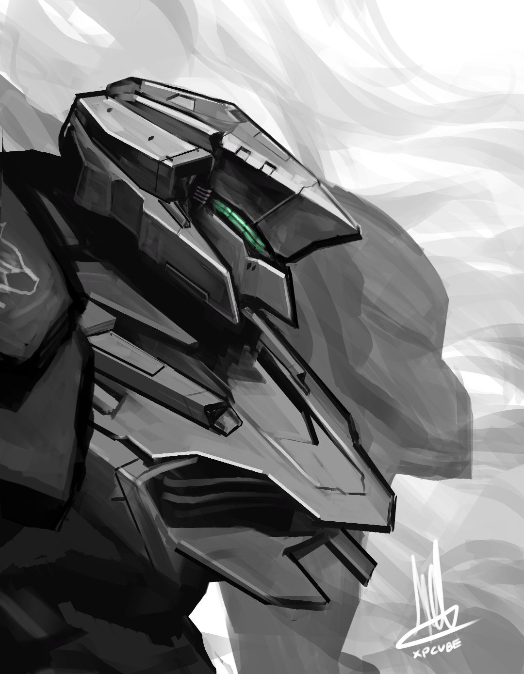 armored_core armored_core_6 artist_name greyscale highres mecha monochrome no_humans robot science_fiction signature simple_background smoke spot_color v.iv_rusty xpcube