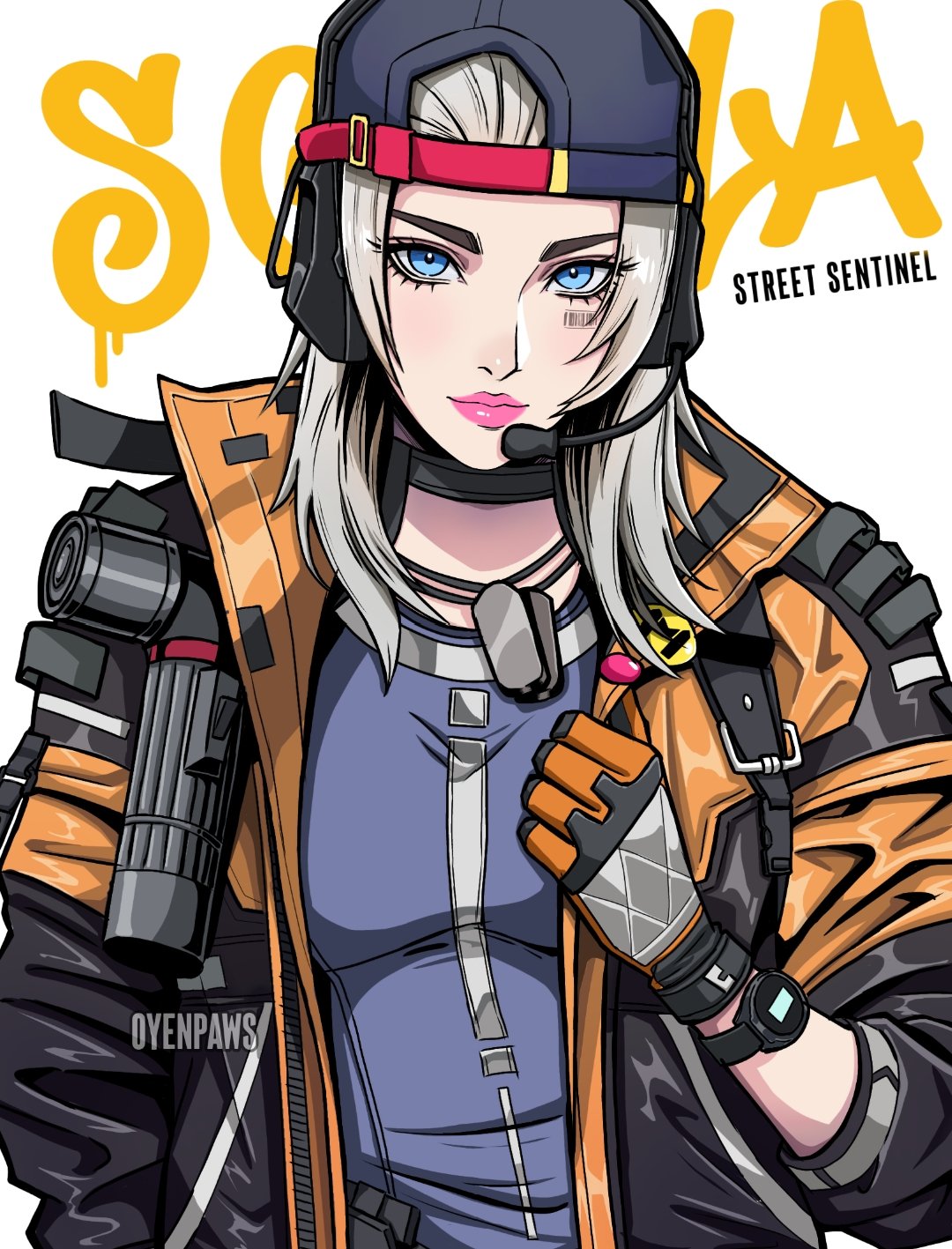 artist_name backwards_hat barcode barcode_tattoo blonde_hair blue_eyes call_of_duty call_of_duty:_mobile character_name dog_tags facial_mark gloves hat headphones highres jacket oyenpaws scylla_(call_of_duty:_mobile) tagme tattoo undershirt watch watch