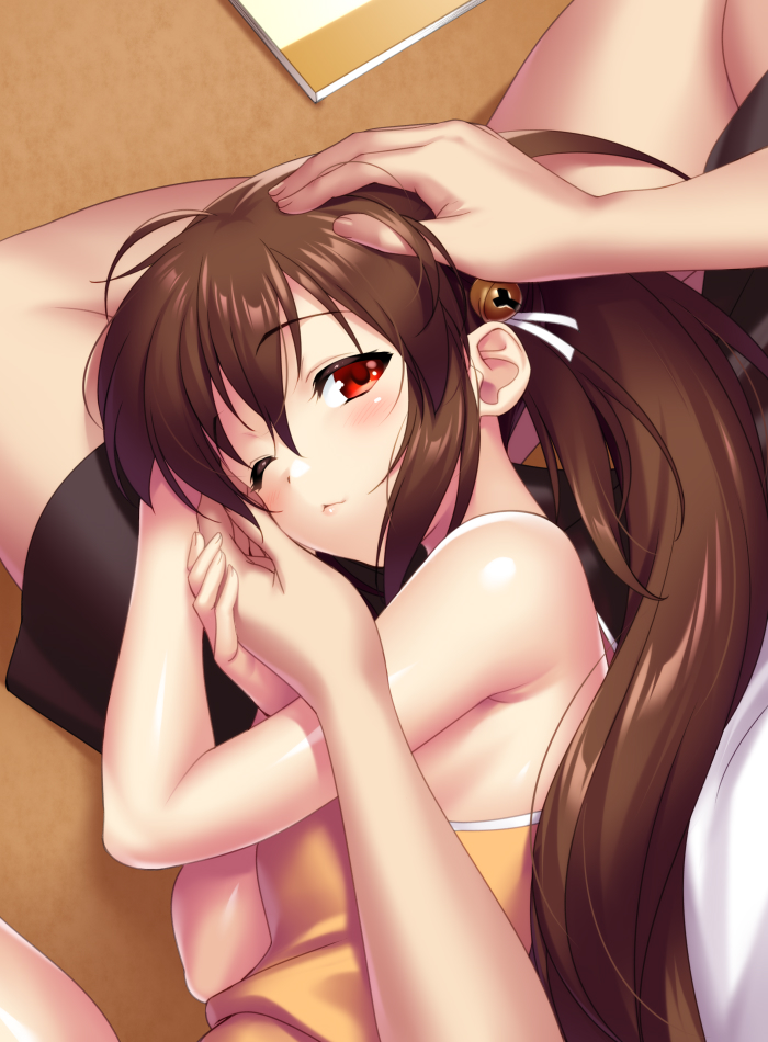 1boy 1girl armpits bare_shoulders bell brown_hair hair_ornament little_busters! long_hair natsume_rin ponytail red_eyes zen_(kamuro)