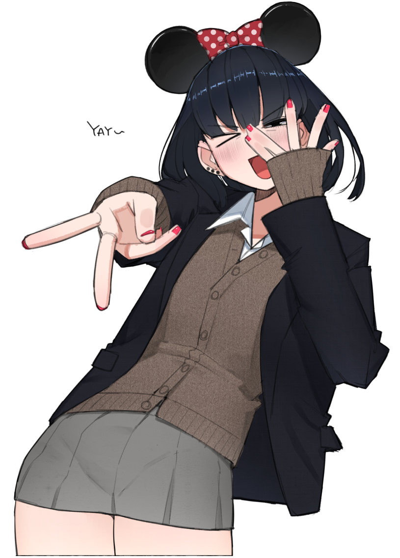 1girl animal_ears black_hair blush long_sleeves looking_at_viewer mickey_mouse_ears minnie_mouse mouse_ears nail_polish ohasi open_mouth original red_nails school_uniform shirt short_hair simple_background skirt solo v white_background