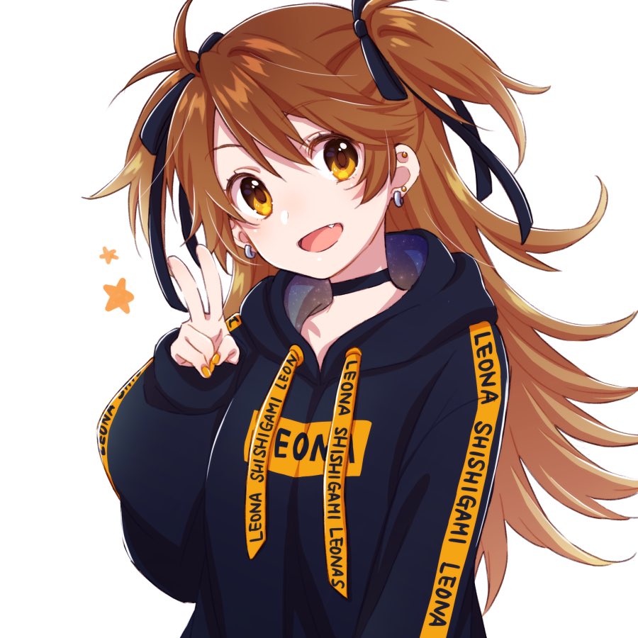 1girl arm_at_side black_hoodie brown_hair clothes_writing dot_nose ear_piercing fang hand_up hood hood_down hoodie kome_(okomesankun) long_hair long_sleeves looking_at_viewer open_mouth orange_eyes orange_nails piercing re:act shishigami_leona simple_background smile solo twintails two_side_up upper_body v virtual_youtuber white_background