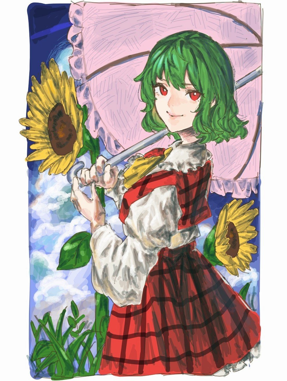 1girl aojirozame1228 ascot closed_mouth commentary flower green_eyes green_hair highres holding holding_umbrella kazami_yuuka looking_at_viewer outdoors pink_umbrella plaid plaid_skirt plaid_vest red_eyes red_skirt red_vest short_hair skirt smile solo sunflower touhou umbrella vest yellow_ascot