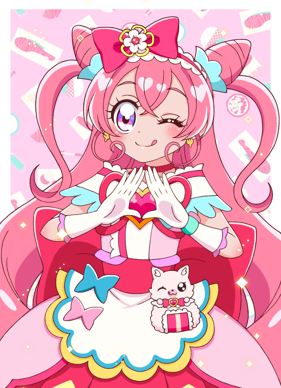 1girl :q apron back_bow bow brooch choker closed_mouth commentary cone_hair_bun cure_precious delicious_party_precure double_bun dress earrings fox gloves hair_bow hair_bun hairband heart heart_brooch highres jewelry kome-kome_(precure) kuromitsu_(963kuromi) large_bow light_particles long_hair looking_at_viewer magical_girl nagomi_yui off-shoulder_dress off_shoulder own_hands_together pink_dress pink_hair precure red_bow red_choker red_hairband red_ribbon ribbon smile solo standing tongue tongue_out very_long_hair violet_eyes waist_apron white_gloves