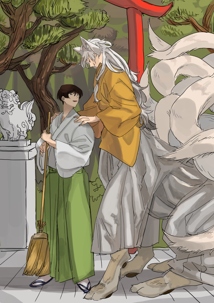 2boys animal_ear_fluff animal_ears black_eyes broom brown_hair centauroid closed_mouth fang fang_out fox_boy fox_ears fox_tail full_body gradient_hair green_hakama grey_hair hakama hakama_pants hands_on_another's_shoulders hands_up holding holding_broom ishikirimaru japanese_clothes kitsune kogitsunemaru komainu kyou_zuki kyuubi long_hair long_sleeves looking_at_another looking_down male_focus miko monster_boy monsterification multicolored_hair multiple_boys multiple_tails open_mouth outdoors pants sandals shadow short_hair smile standing statue tabi tail taur torii touken_ranbu tree white_hair wide_sleeves