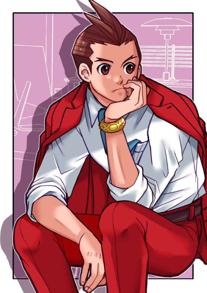 1boy ace_attorney antenna_hair apollo_justice arm_rest belt between_legs blue_necktie border bracelet breast_pocket brown_belt brown_eyes brown_hair closed_mouth collared_shirt elbow_rest feet_out_of_frame forked_eyebrows frown hand_between_legs hand_on_own_chin invisible_chair jacket jacket_on_shoulders jewelry lapels lineart male_focus monochrome_background necktie necktie_in_pocket outside_border pants pocket purple_background ragi_(od6fine) red_jacket red_pants shirt sitting sleeves_rolled_up solo white_border