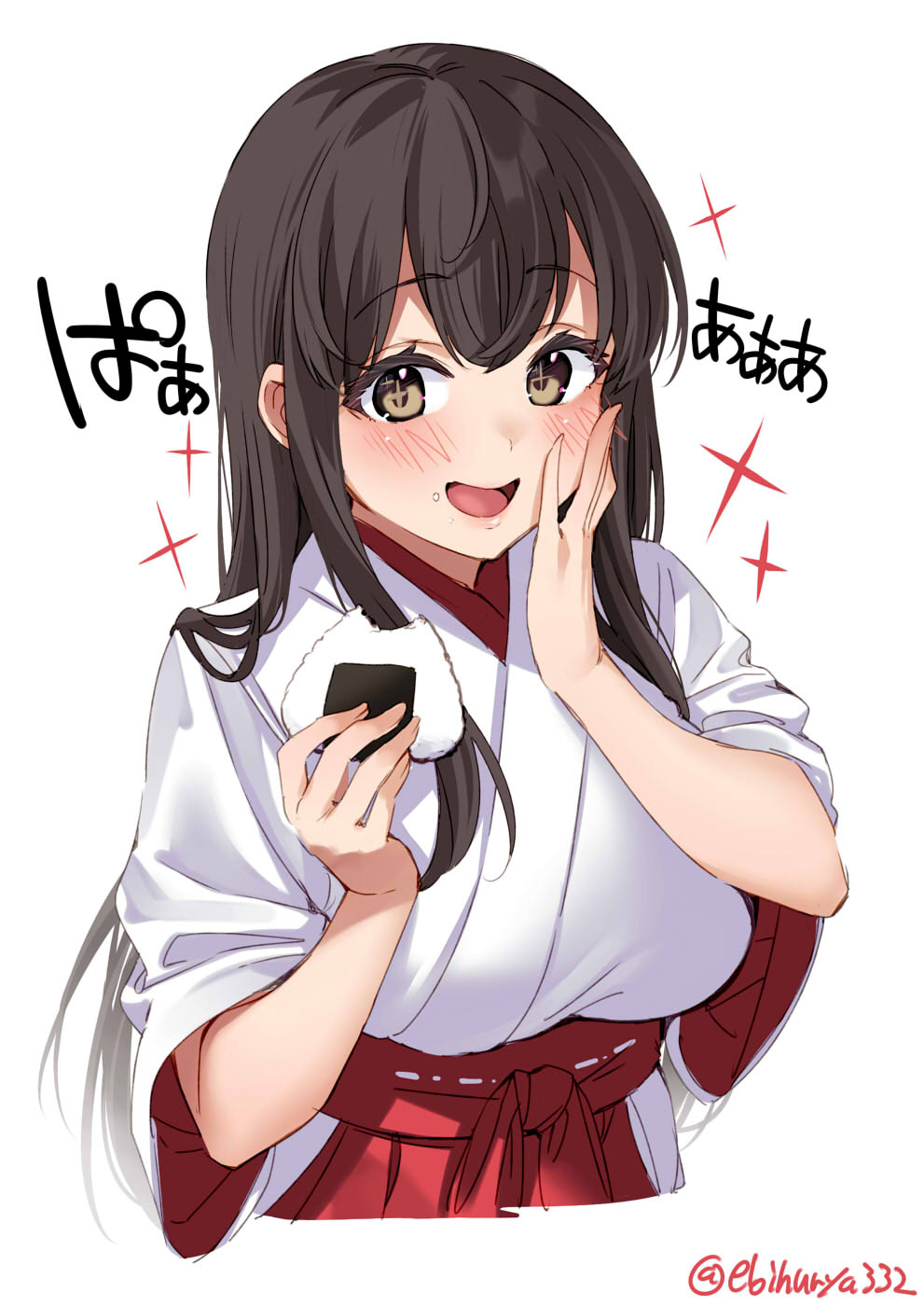 1girl akagi_(kancolle) blush breasts brown_eyes brown_hair drawing ebifurya food food_on_face hakama hand_on_own_face highres holding holding_food japanese_clothes kantai_collection kimono large_breasts long_hair long_sleeves looking_at_viewer nontraditional_miko one-hour_drawing_challenge onigiri open_mouth rice simple_background solo sparkle sparkling_eyes straight_hair tongue upper_body white_background wide_sleeves