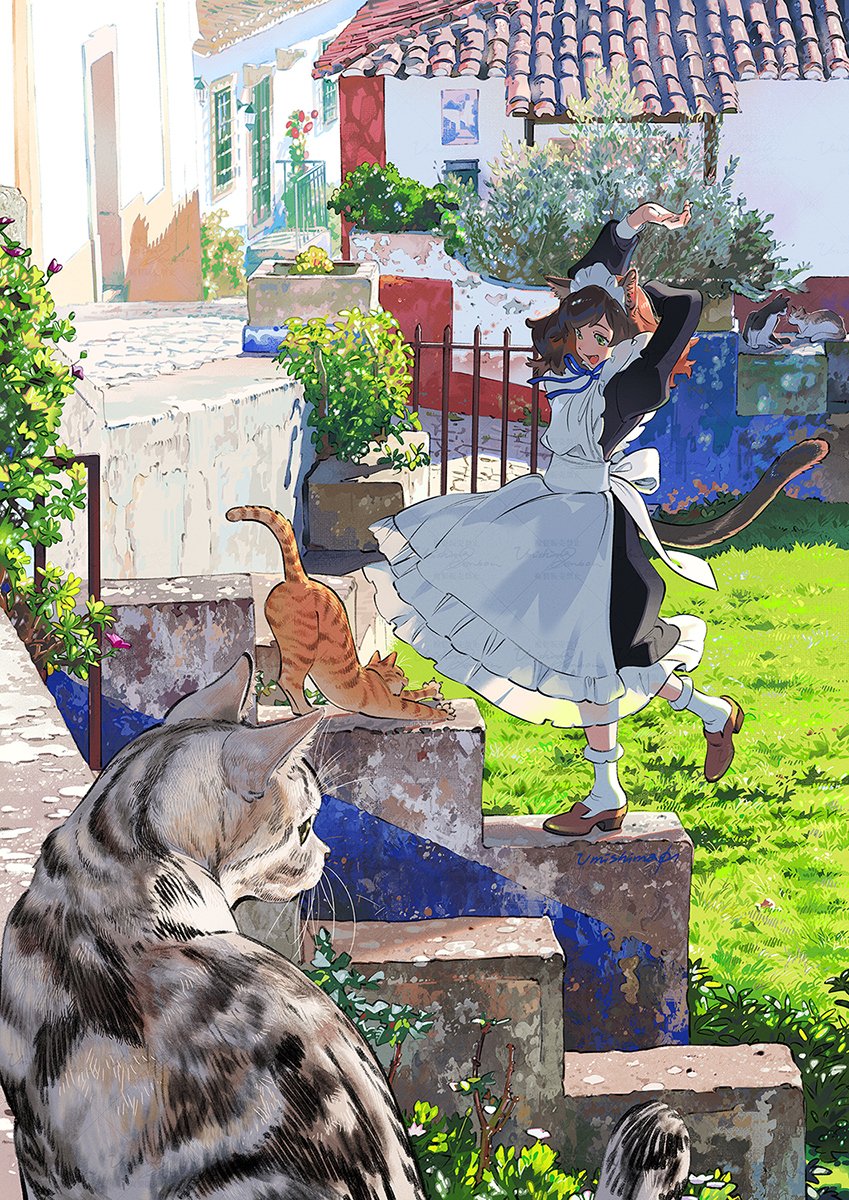 1girl animal animal_ears apron bush cat cat_ears cat_girl cat_tail day door frilled_apron frills grass highres house maid maid_apron maid_headdress original outdoors puffy_sleeves road street tail tile_roof umishima_senbon whiskers white_apron window