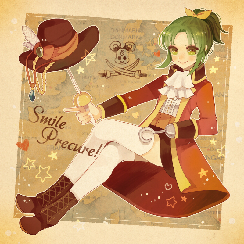 1girl ascot blush boots bow coat copyright_name cross-laced_footwear crossed_legs full_body green_eyes green_hair hair_bow hat hat_feather holding holding_sword holding_weapon hook_hand invisible_chair jewelry lace-up_boots looking_at_viewer map midorikawa_nao necklace parted_bangs pirate pirate_hat ponytail precure short_hair sitting skirt smile smile_precure! solo sword thigh-highs v-shaped_eyebrows weapon yunoto_(conceit)