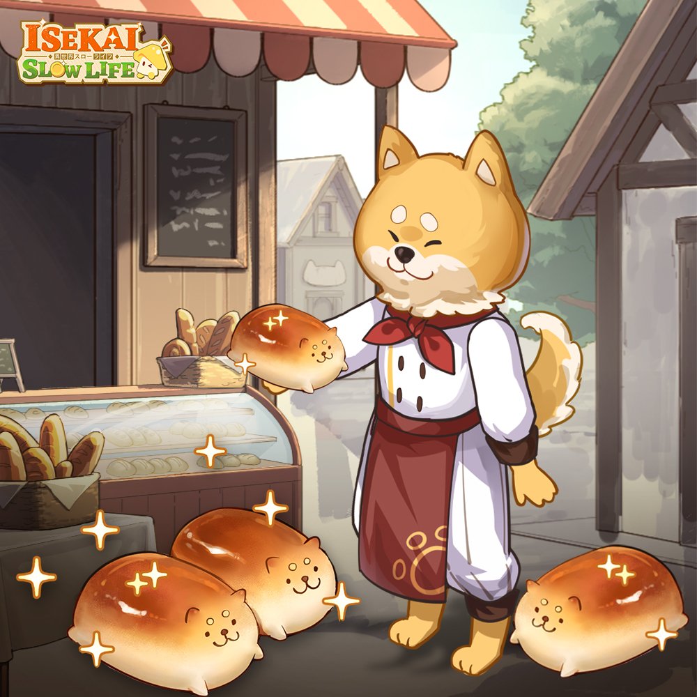 1boy :3 animal_bread animal_ears animal_nose apron arm_up artist_request baguette bread buttons chalkboard chef closed_eyes closed_mouth coin colored_text dog_boy dog_bread dog_ears dog_nose dog_tail door food furry gheast_(isekai:_slow_life) glass hand_up holding isekai:_slow_life long_sleeves multicolored_fur mushroom official_art one_eye_closed outdoors pants paw_print red_apron red_scarf scarf shiba_inu sign sky smile sparkle table tablecloth tail tree waist_apron white_pants window