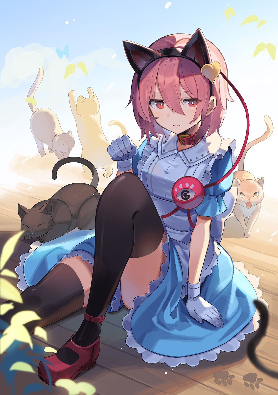 1girl alternate_costume animal animal_ears apron arm_support black_cat black_hairband black_thighhighs blue_butterfly blue_dress blue_sky blurry blurry_foreground brown_cat buckle bug butterfly cat cat_ears clenched_hand closed_mouth clouds collar collared_dress commentary dress eyeball fake_animal_ears falken_(yutozin) feet_out_of_frame frilled_apron frilled_dress frills gloves hair_between_eyes hair_ornament hairband hand_up heart heart_hair_ornament highres komeiji_satori leaf leg_up light_blush on_floor open_mouth orange_eyes outstretched_arm outstretched_leg paw_pose paw_print photoshop_(medium) pink_hair plant puffy_short_sleeves puffy_sleeves red_collar red_eyes red_footwear revision short_hair short_sleeves sideways_glance sitting sky sleeping slit_pupils solo stretching thigh-highs third_eye touhou wavy_mouth white_apron white_gloves yellow_butterfly yellow_cat yellow_eyes zettai_ryouiki