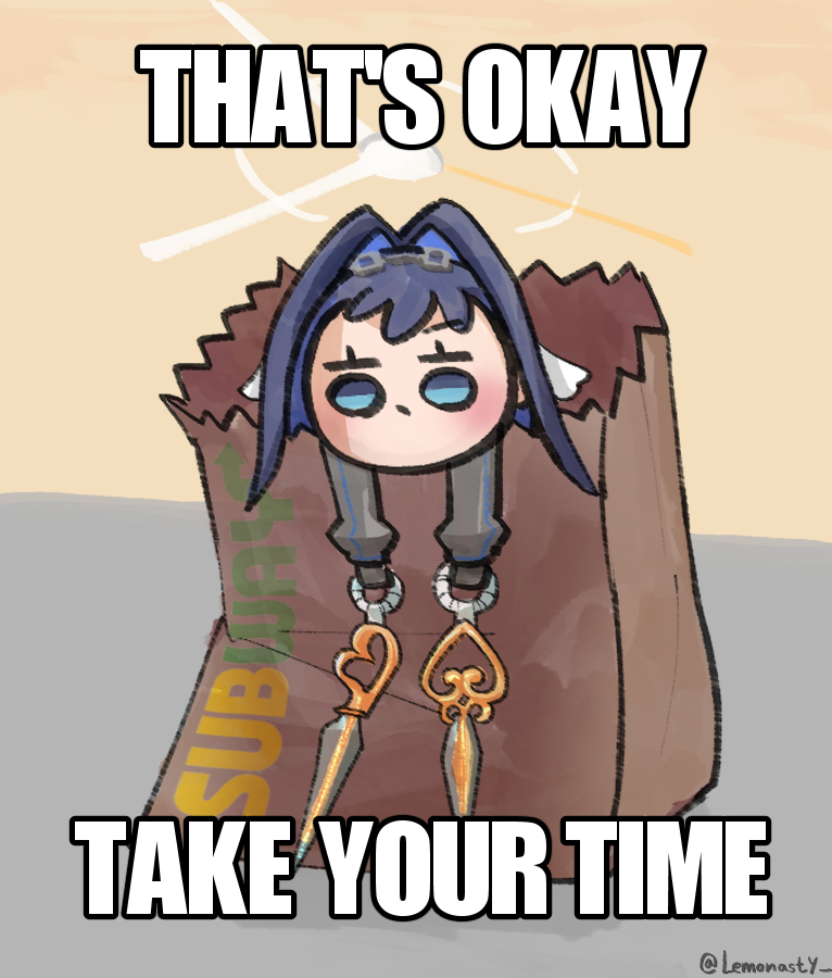 1girl bag black_hair blue_eyes blue_hair chain_headband closed_mouth colored_inner_hair commentary dot_mouth dual_wielding english_commentary english_text hair_intakes halo headband holding holding_sword holding_weapon hololive hololive_english image_macro_(meme) impact_(font) lemonasty long_sleeves mechanical_halo meme multicolored_hair ouro_kronii ouro_kronii_(1st_costume) paper_bag pun short_hair solo subway_(company) sword twitter_username veil virtual_youtuber weapon