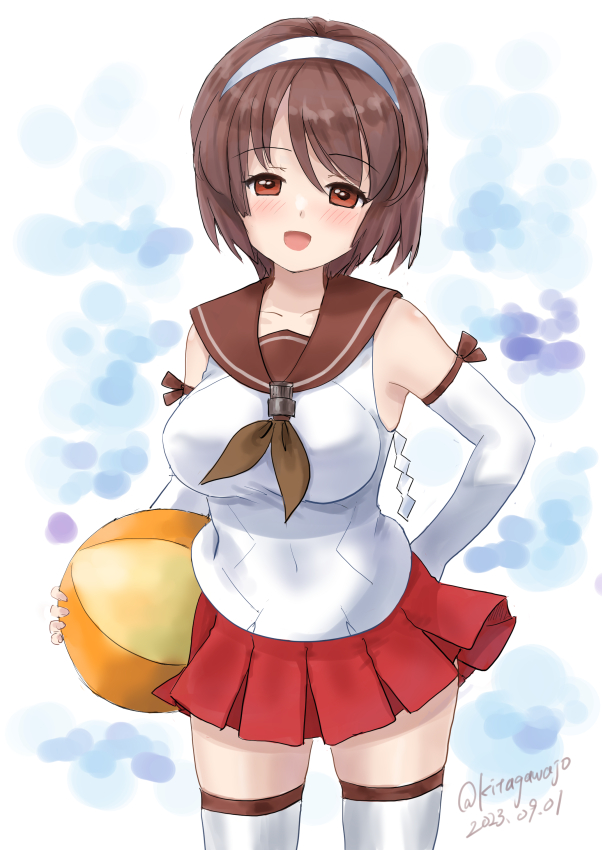 1girl ball beachball blue_background blush breasts brown_eyes brown_hair brown_neckerchief brown_sailor_collar cowboy_shot detached_sleeves gradient_background hairband headband kantai_collection kitagawa_mikio large_breasts looking_at_viewer natori_(kancolle) neckerchief open_mouth pleated_skirt red_skirt sailor_collar school_uniform serafuku short_hair skirt smile solo thigh-highs white_hairband white_headband white_thighhighs
