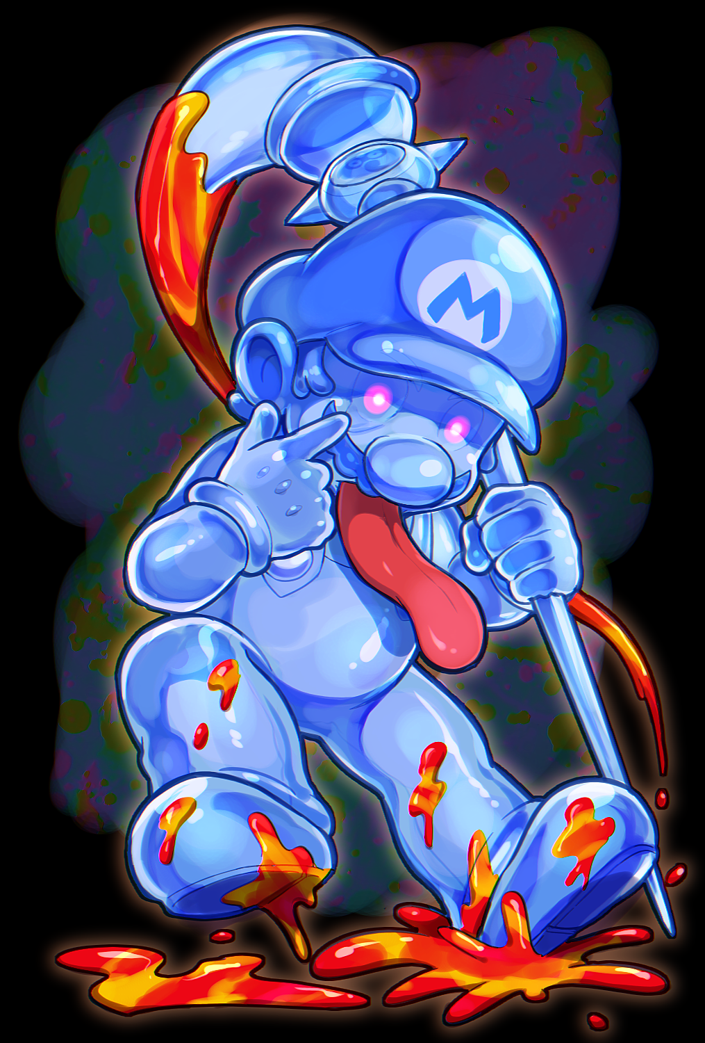 1boy blue_eyes blue_gloves blue_hair blue_headwear blue_overalls blue_shirt facial_hair giant_brush gloves glowing glowing_eyes graffiti hat highres holding holding_paintbrush hoshi_(star-name2000) looking_at_viewer mustache overalls paintbrush shadow_mario shirt solo super_mario_bros. super_mario_sunshine tongue tongue_out