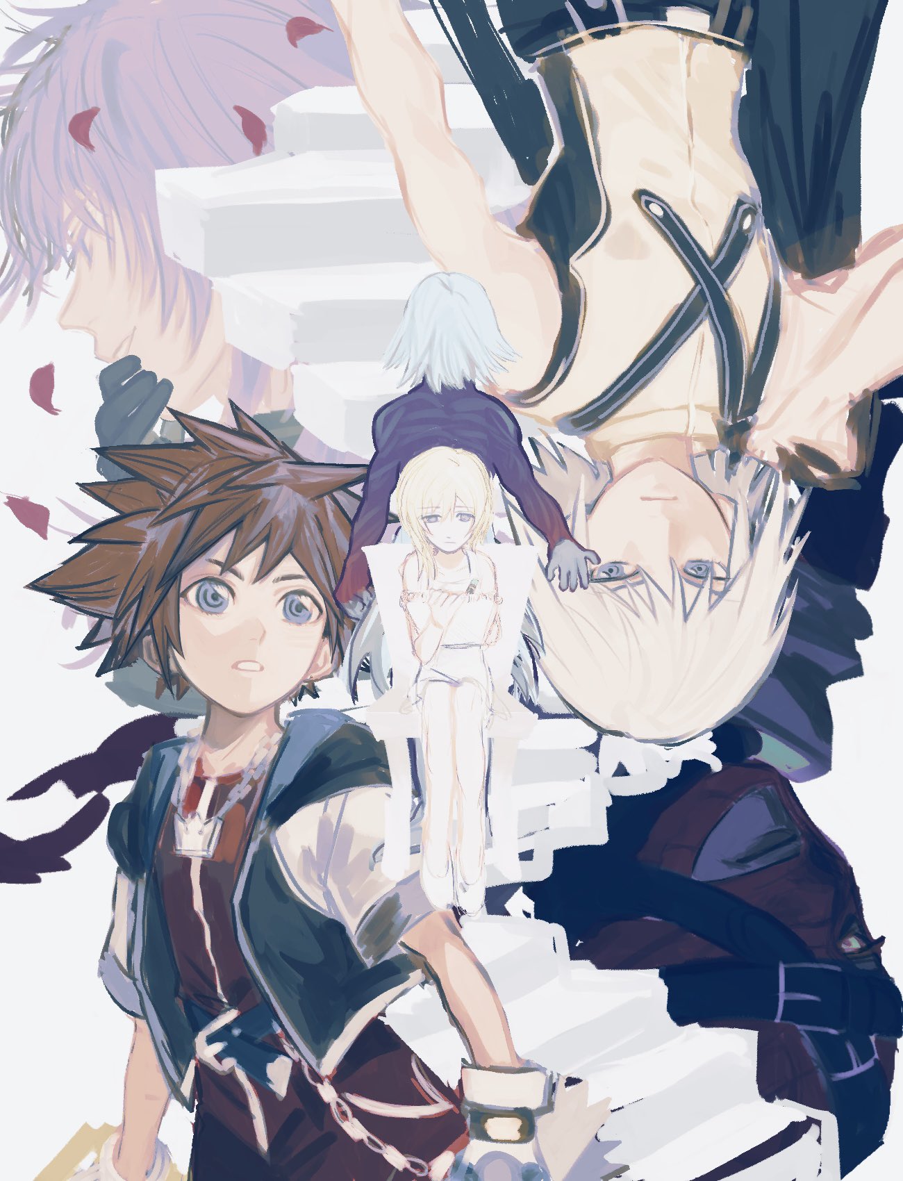 1girl 5boys belt belt_buckle black_gloves black_headwear black_jacket blonde_hair blue_belt blue_eyes bodysuit brown_hair buckle chain chair crown diz drawing dress facing_away falling_petals floating_stairs frown gloves grin hand_to_own_mouth highres holding holding_sketchbook jacket jewelry jumpsuit keyblade kingdom_hearts kingdom_hearts_chain_of_memories light_frown marluxia mask medium_hair multiple_belts multiple_boys namine necklace nishinsobha on_chair open_clothes open_jacket parted_lips petals pink_hair red_jumpsuit riku_(kingdom_hearts) sad serious shirt shoes short_hair short_sleeves sitting sketchbook sleeveless smile sora_(kingdom_hearts) spaghetti_strap spiky_hair stairs standing white_dress white_footwear white_gloves white_hair yellow_eyes yellow_shirt
