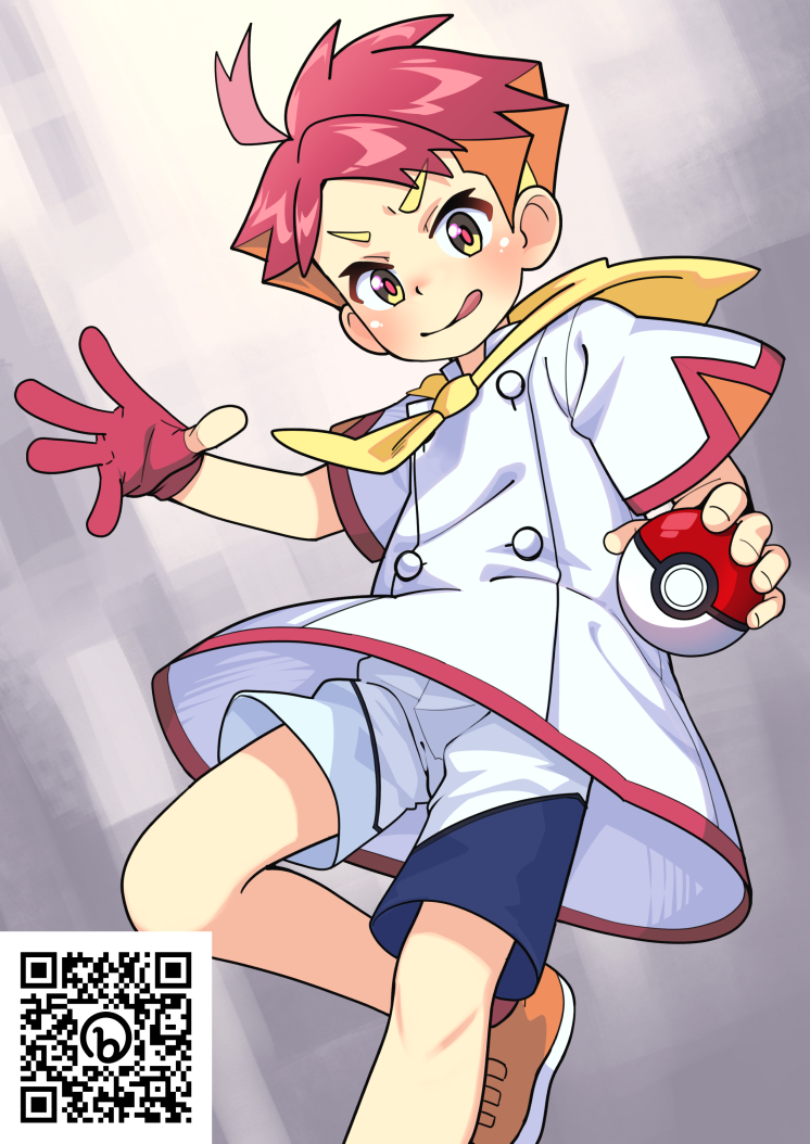 1boy :q autumn_snow blonde_hair closed_mouth crispin_(pokemon) gloves holding holding_poke_ball knees leg_up looking_at_viewer looking_down male_focus mixed-language_commentary multicolored_hair orange_hair parted_bangs partially_fingerless_gloves pink_gloves poke_ball poke_ball_(basic) pokemon pokemon_(game) pokemon_sv qr_code redhead shirt short_sleeves shorts single_glove smile solo spread_legs tongue tongue_out white_shirt white_shorts yellow_eyes