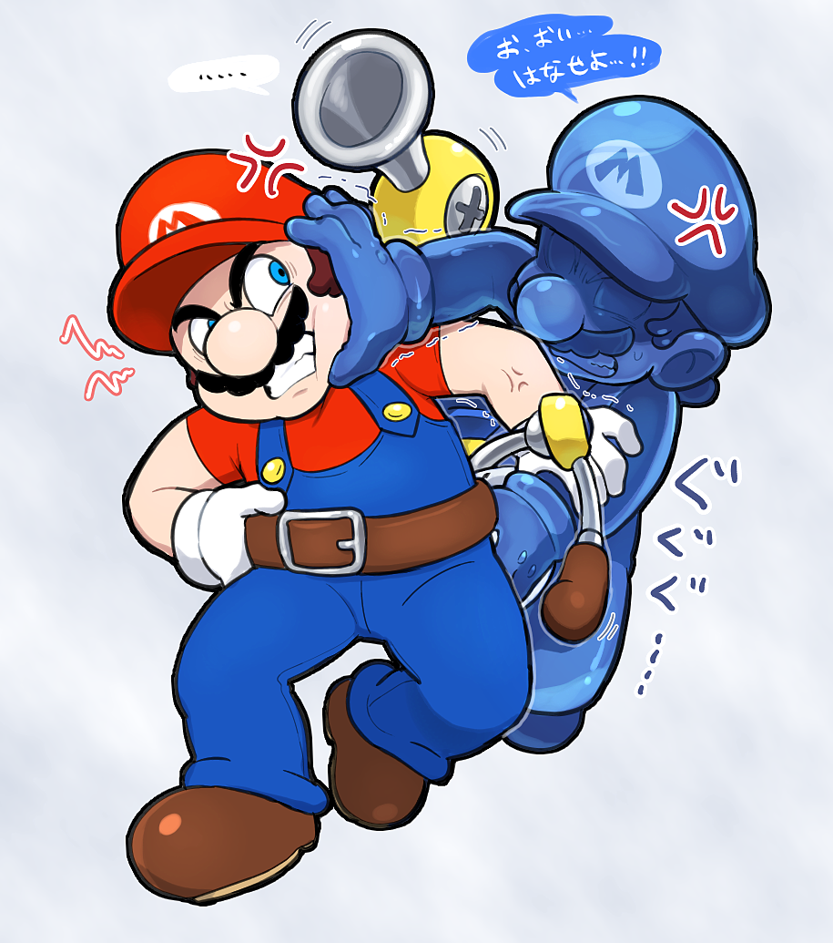 1boy 2boys blue_eyes blue_overalls blue_skin brown_footwear colored_skin f.l.u.d.d. facial_hair gloves hat hoshi_(star-name2000) mario multiple_boys mustache overalls red_headwear red_shirt shadow_mario shirt short_sleeves super_mario_bros. super_mario_sunshine translation_request