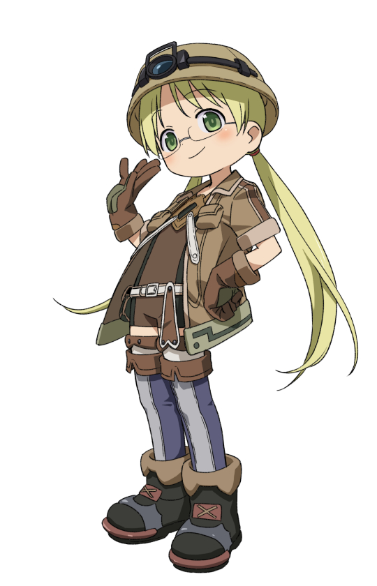 1girl belt black_footwear blonde_hair blue_thighhighs blush boots brown_gloves brown_headwear brown_jacket closed_mouth full_body glasses gloves green_eyes hand_on_own_hip hand_up headlamp helmet jacket long_hair looking_at_viewer made_in_abyss open_clothes open_jacket riko_(made_in_abyss) short_sleeves simple_background single_vertical_stripe smile solo standing thigh-highs twintails very_long_hair white_background white_belt yoko.u