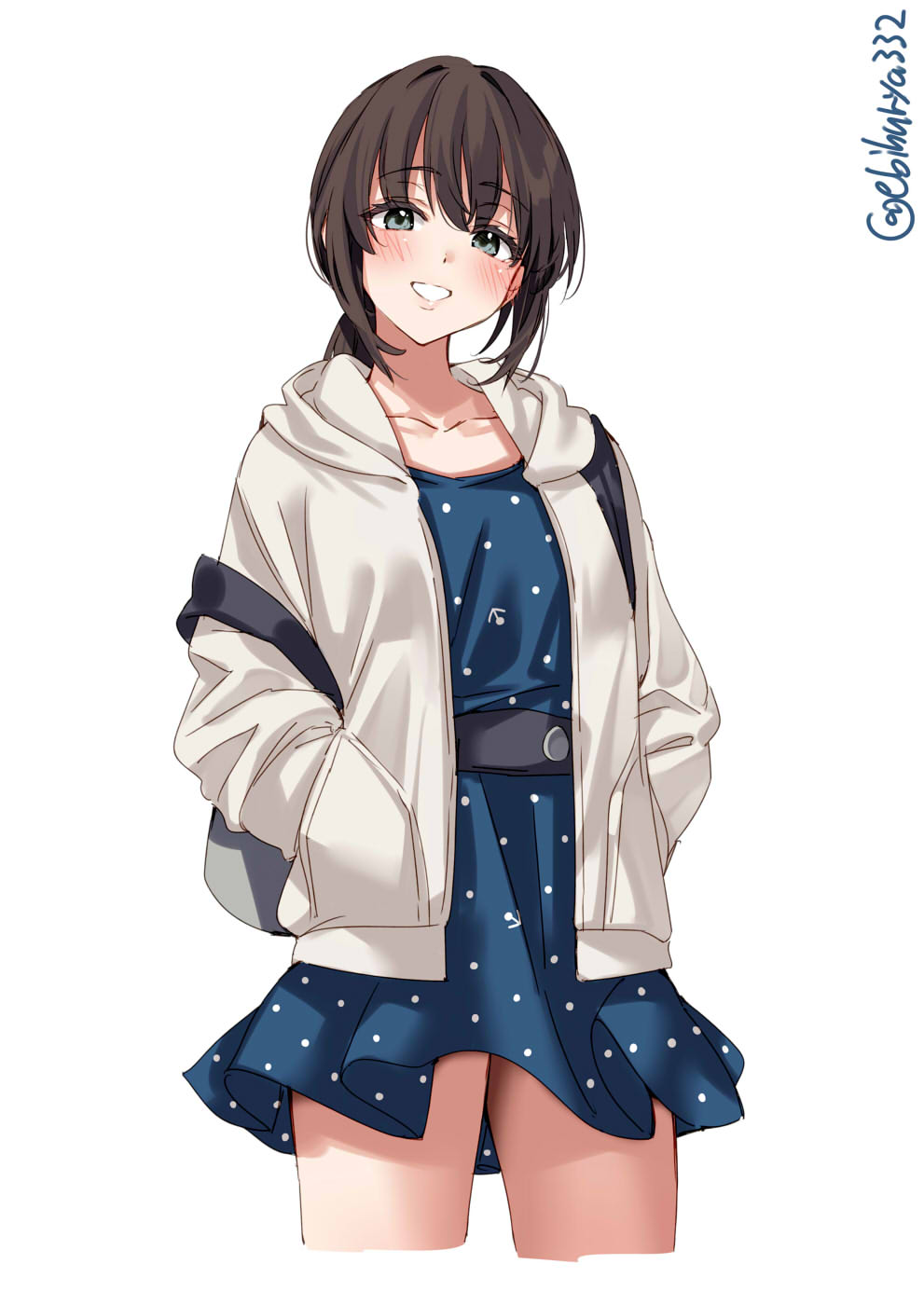 1girl backpack bag belt black_belt blue_dress brown_hair collarbone cropped_legs dress ebifurya fubuki_(kancolle) green_eyes hands_in_pockets highres jacket kantai_collection looking_at_viewer medium_hair official_alternate_costume one-hour_drawing_challenge open_clothes open_jacket parted_lips short_dress short_ponytail smile solo twitter_username white_background white_jacket