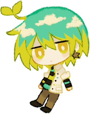 1boy aqua_hair bright_pupils brown_pants chibi closed_mouth collared_shirt earrings expressionless green_hair hair_between_eyes jewelry long_sleeves looking_at_viewer lowres male_focus medium_hair no_nose open_clothes open_shirt original pants personification shirt simple_background solo sprout_on_head star_(symbol) star_earrings striped striped_shirt taichi_ayumu transparent_background usagi_nui white_pupils white_shirt yellow_eyes