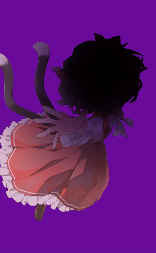 1girl animal_ears bakeneko bow bowtie brown_footwear cat_ears cat_tail censored chen frilled_hat frilled_skirt frills game_cg hat long_skirt long_sleeves mob_cap multiple_tails nekoguruma official_art outstretched_arms purple_background red_skirt red_vest shirt shoes short_hair skirt skirt_set tail touhou touhou_cannonball two_tails vest white_bow white_bowtie white_shirt