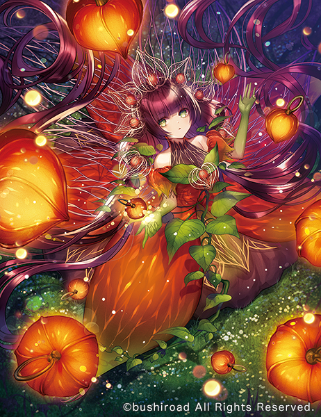 1girl blunt_bangs cardfight!!_vanguard chinese_lantern_(plant) closed_mouth colored_skin copyright crown detached_sleeves dress expressionless floating floating_object floral_dress from_above full_body gown gradient_skin green_eyes green_skin leaf lens_flare light_particles long_hair looking_at_viewer looking_up low_twintails maiden_of_irradiate multicolored_skin official_art on_grass orange_dress plant puffy_detached_sleeves puffy_short_sleeves puffy_sleeves purple_hair rinko_(mg54) short_sleeves sitting sleeveless sleeveless_dress solo twintails very_long_hair vines
