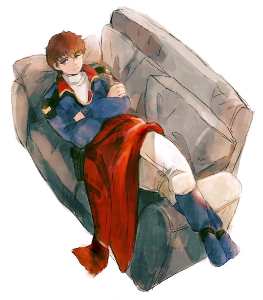 1boy amuro_ray belt_pouch blue_eyes blue_footwear blue_jacket brown_hair char's_counterattack coat coat_removed couch crossed_arms ex.rudo full_body gundam jacket long_sleeves looking_at_viewer lying male_focus on_back on_couch pants pouch red_coat shirt short_hair simple_background smile solo turtleneck white_background white_pants white_shirt